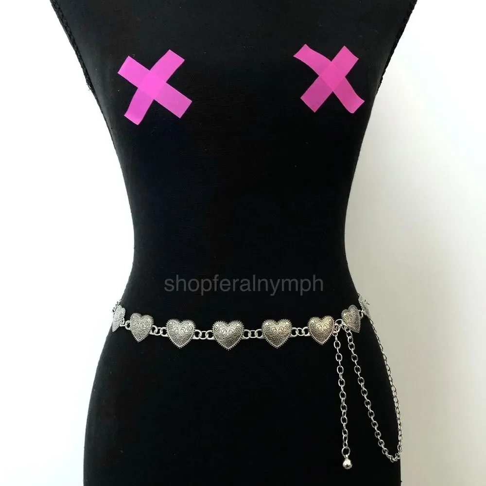 Vintage Y2K Ornate Silver Heart Chain Belt, Fits 13.5–44.5 Inches, X7GA1223